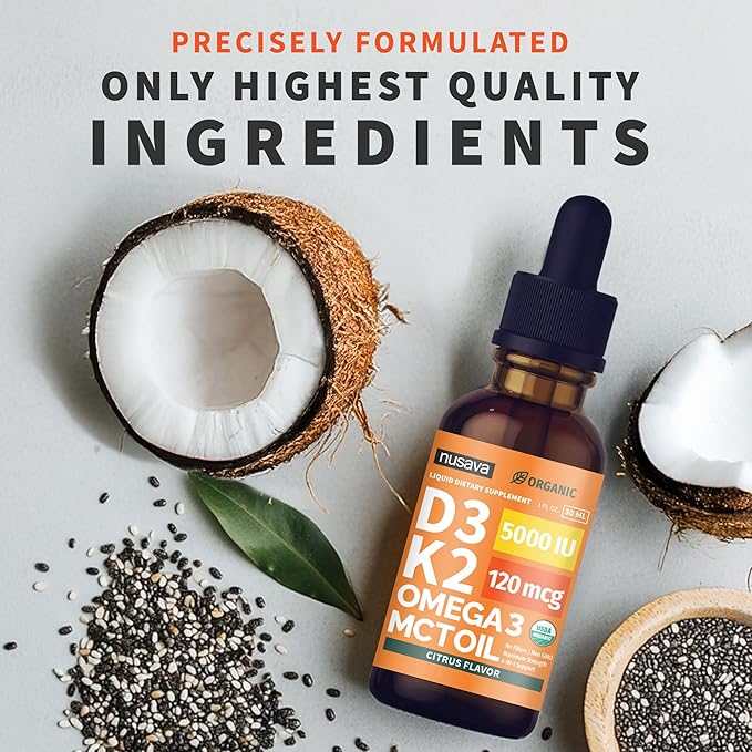 (2 Pack) Organic Vitamin D3 K2 Drops with MCT Oil Omega 3 5000 IU Maximum Strength Vitamin D Liquid No Fillers Non-GMO Liquid D3 for Faster Absorption Immune Support (Citrus Flavor 2 Fl Oz)