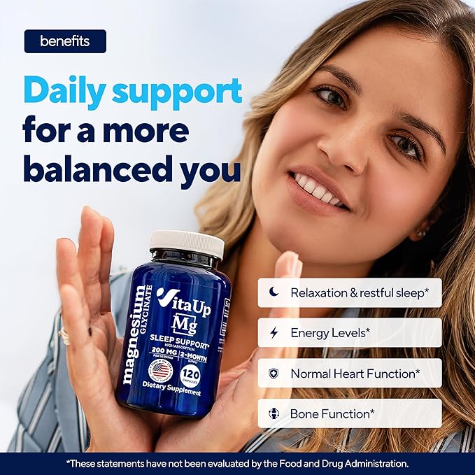 Magnesium Glycinate 200mg - USA Made Highly Absorbed Non-GMO Magnesium for Relaxation Deep Sleep Bones &amp Heart - 200mg per Serving 120 Vegan Capsules