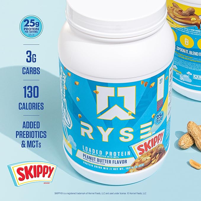 RYSE Loaded Protein Powder - Skippy Peanut Butter - 25g Whey Protein Isolate &amp Concentrate with Prebiotic Fiber &amp MCTs - Low Carb Low Sugar Digestive-Friendly - 20 Servings / 1.5 lb Tub