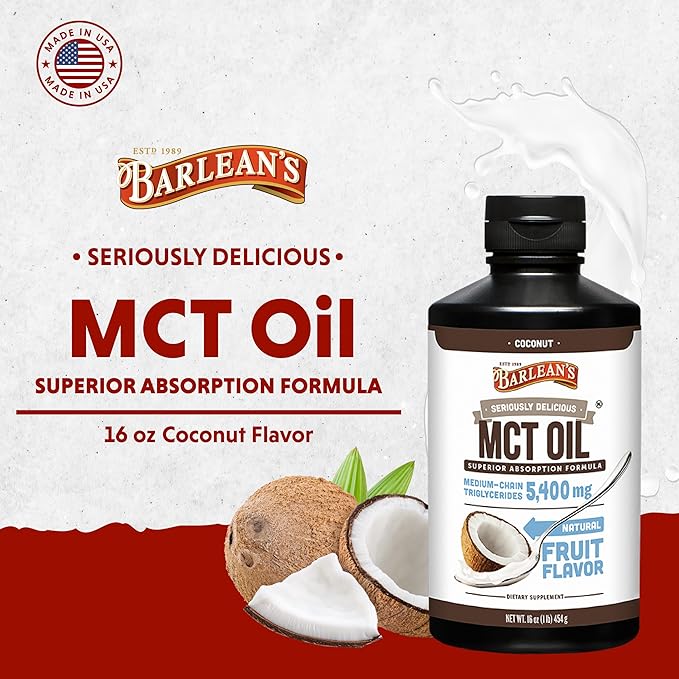 Barlean's MCT Oil Supplement Coconut Flavored for Keto Coffee Emulsified Creamy Liquid Syrup with 5400mg Plant-Based MCT's to Support Energy Focus and Wellness 16 oz