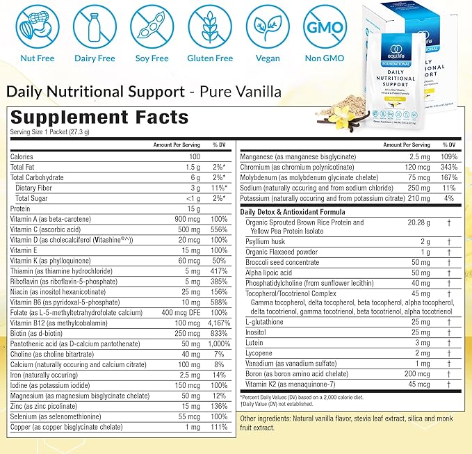 Equilife Daily Nutritional Support All-in-One Multivitamin Meal Replacement Pure Vanilla Flavor 15G Plant Protein Supports Overall Wellness Including Energy Digestion &amp Skin 14 Packets