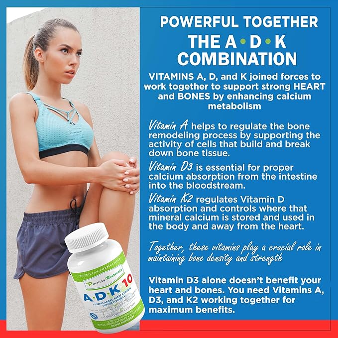 Power By Naturals ADK Vitamin Supplement – ADK 10 High Potency with Vitamins A D3 10000 IU &amp K2 MK7 for Bone Health – Vitamin A D K Supplement – 90 Capsules 2 Pack (6-Month Supply)