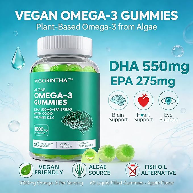 Vegan Omega-3 Algae Oil Supplement with DHA 300mg &amp EPA 150mg Plant-Based Omega-3 with Vitamin D3 &amp K2 Fish-Free Algal Oil Softgels for Men &amp Women 2 Pack 120 Softgels 60 Day Supply