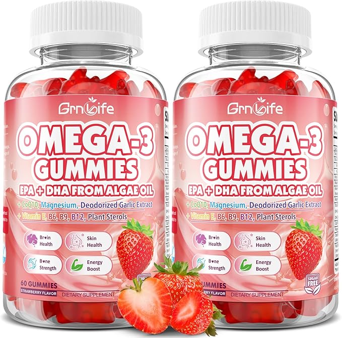 2 Pack Vegan Omega 3 Gummies 1000mg+CoQ10+Magnesium - w/Algae EPA 600mg &amp DHA 400mg Fish Oil Omega-3 Supplements Alternative for Adults for Brain Eye Immune Health Strawberry Flavor 120 Coun
