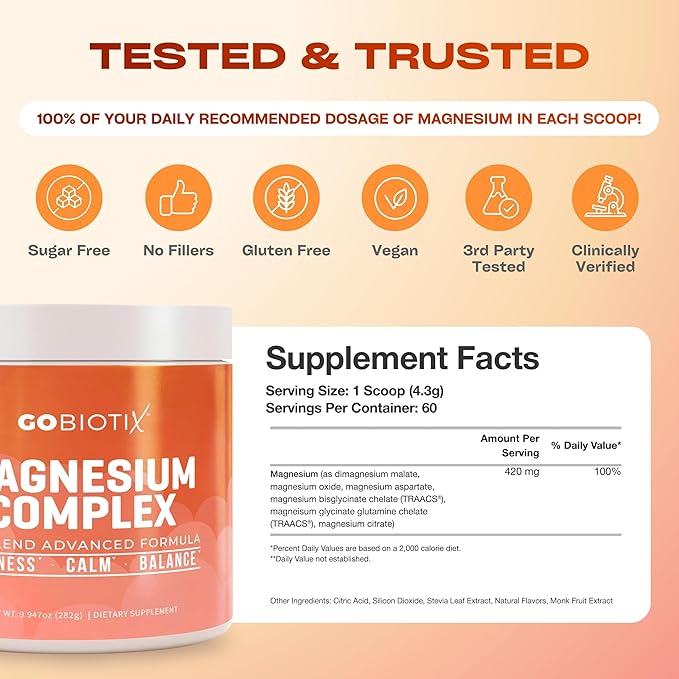 GoBiotix Magnesium Glycinate Powder – Cortisol Supplements for Women and Men – High Absorption Magnesium Complex Calm Supplement with Citrate Malate – Sugar Free – 420 mg 60 Servings - Peach Tea