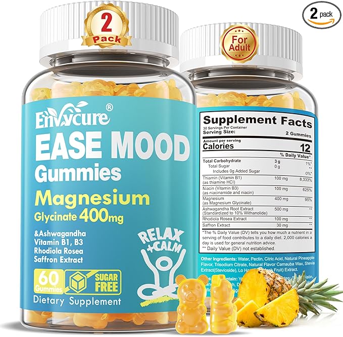 Sugar Free Magnesium Glycinate Gummies 400mg with Ashwagandha B1 B3 Rhodiola Rosea &amp Saffron for Support Rest Mood &amp Calm Magnesium Gummies for Adults Chewable Magnesium Supplement Vegan
