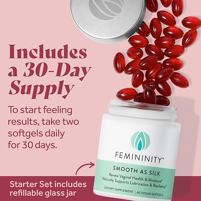 Femininity Smooth as Silk 30-Day Starter Kit for Vaginal Dryness (60 Softgels &amp Refillable Glass Jar) – Sea Buckthorn Oil with 365mg Omega 7 + Omega 3 and Omega 9