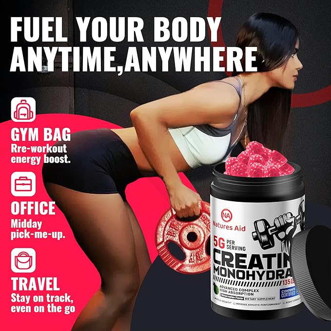 Natures Aid NSF Certified Creatine Gummy 5g - Creatine Monohydrate Gummies – Pre-Workout Energy &amp Muscle Growth Support for Men &amp Women | Watermelon Electrolyte Gummies (135 Count)
