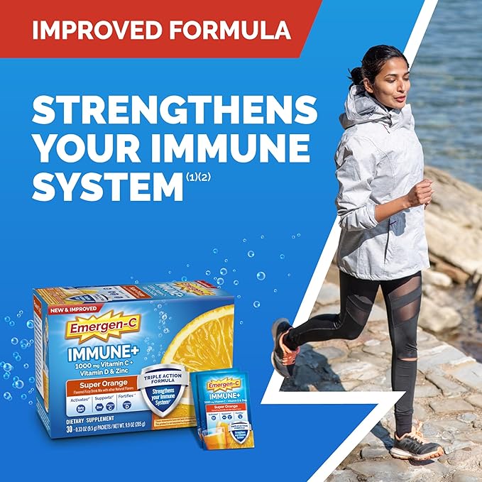 Emergen-C Immune+ Triple Action Immune Support Powder BetaVia (R) 1000mg Vitamin C B Vitamins Vitamin D and Antioxidants Super Orange – 50 Count