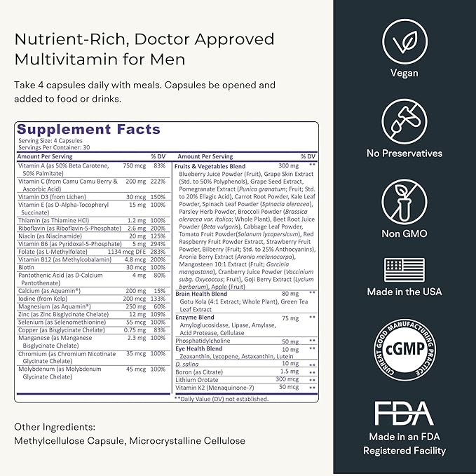 Whole Food Multivitamin for Men (120 Vegetarian Capsules) – Men’s Daily Multivitamin with Calcium Magnesium Selenium and Essential Vitamins A B6 C D3 E and More