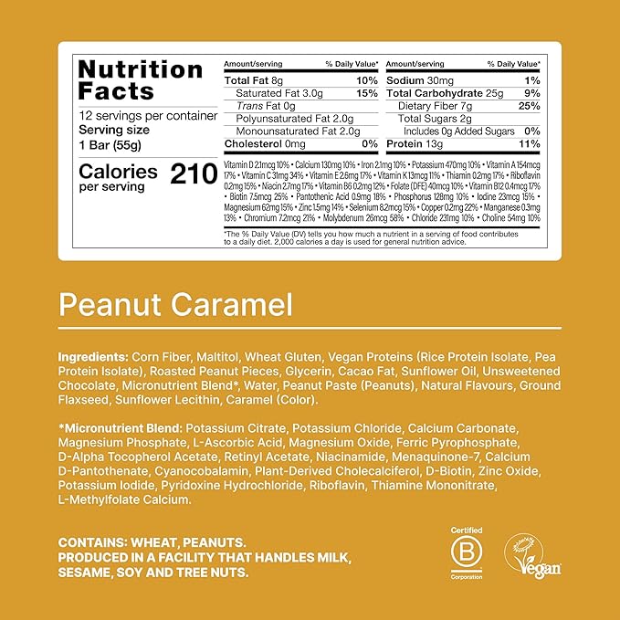 Huel Complete Nutrition Vegan Protein Bars | Peanut Caramel | 13g Protein | 27 Vitamins &amp Minerals 2g Sugar Non-GMO 100% Plant Based Snack | 12 Pack