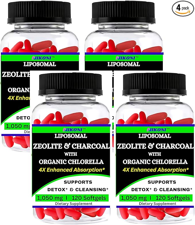 Nikoni Liposomal Zeolite Activated Charcoal &amp Organic Chlorella Supports Full Body Detox (480 Softgels)
