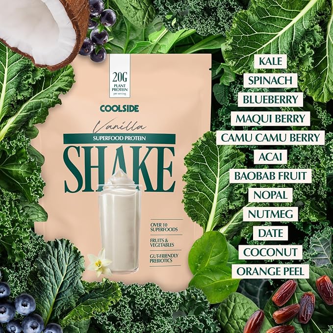 Coolside Superfood Vegan Protein Powder – Vanilla | 20g Plant Based Protein Supergreens Superfoods &amp Prebiotics | Rich and Delicious | Low Sugar | All in One | Whey Free | 15 Servings (27oz)