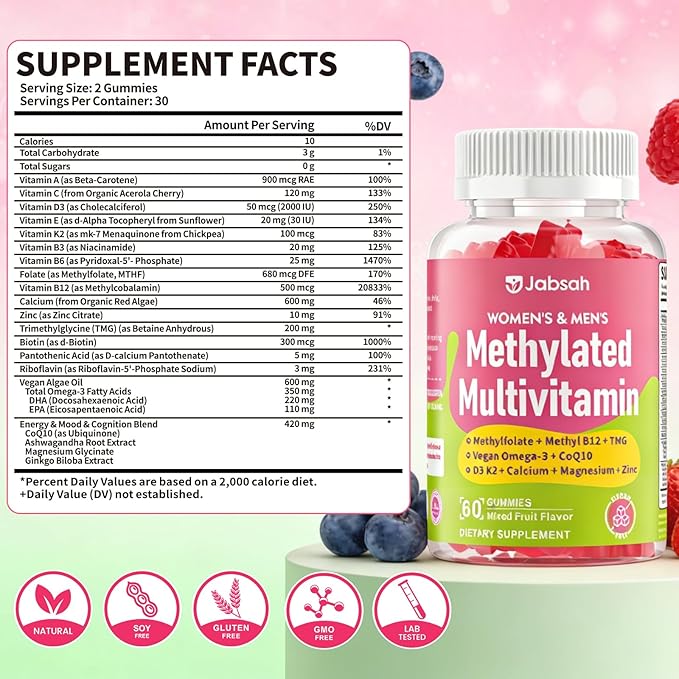 Methylated Vitamin B Complex Gummies for Women &amp Men Multivitanins Gummy with Vitamin A C E Methylfolate &amp B12 TMG Calcium D3 K2 Magnesium &amp More for Overall Health-Vegan Sugar Fr