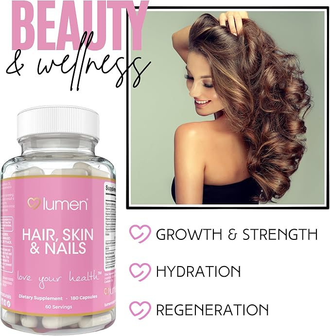Lumen Naturals Hair Skin &amp Nails for Women – with Biotin Folate Vitamins B6 B12 A C D &amp E – 180 Capsules – 60 Servings – Non-GMO Gluten-Free Sugar Free