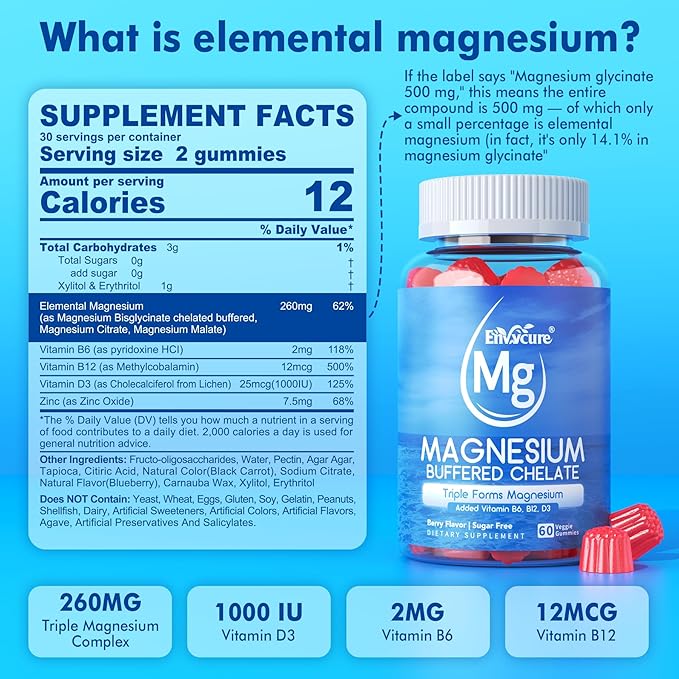 Magnesium Gummies - Triple Magnesium Complex Magnesium Glycinate Gummies | Magnesium Glycinate Malate Citrate w/ D3 B6 B12 for Calm Sleep &amp Muscle Cramp | High Absorption | Vegan 2 Pack