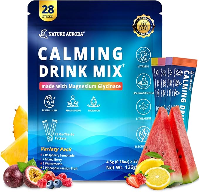 Cortisol Calm Drink Mix with Magnesium Glycinate Powder L-Theanine Vitamins Ashwagandha &amp Mushroom Calming Powdered Drink Mix for Relax Focus Sleep &amp Stress Relief Variety 28 Packets