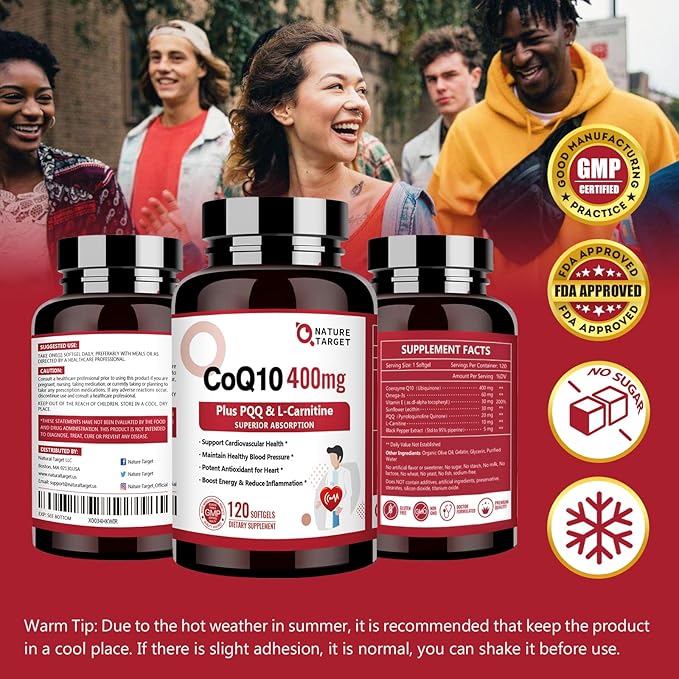 NATURE TARGET CoQ10-400mg with PQQ Omega-3s &amp L-Carnitine High Absorption Coenzyme-Q10 with BioPerine Supports Heart Brain Immune System Energy Production 120 Servings