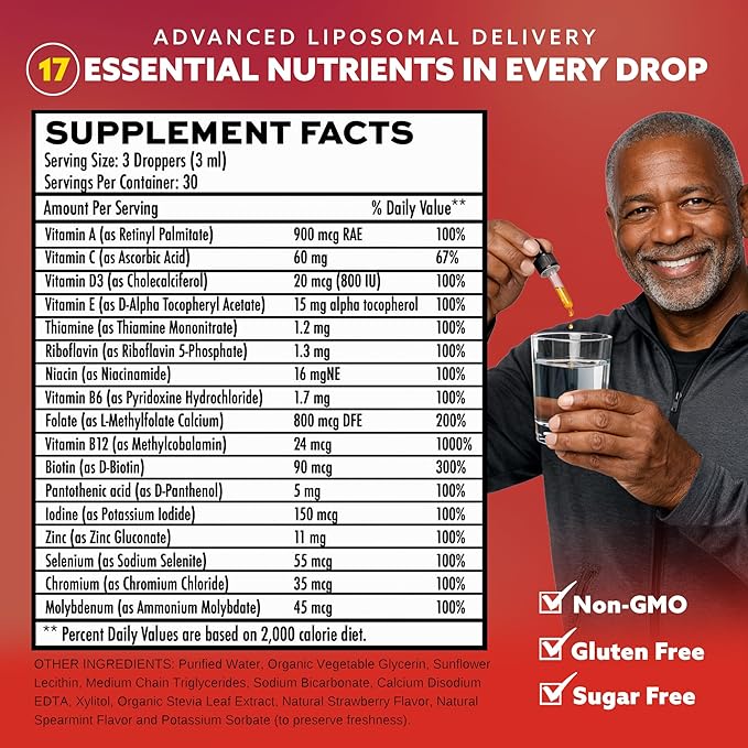 Liposomal Men's 50+ Liquid Multivitamin Drops | Non-GMO | Sugar Free | Gluten Free | 30 Day Supply | 3 FL Oz | Supports Brain Health Immunity and Energy Production