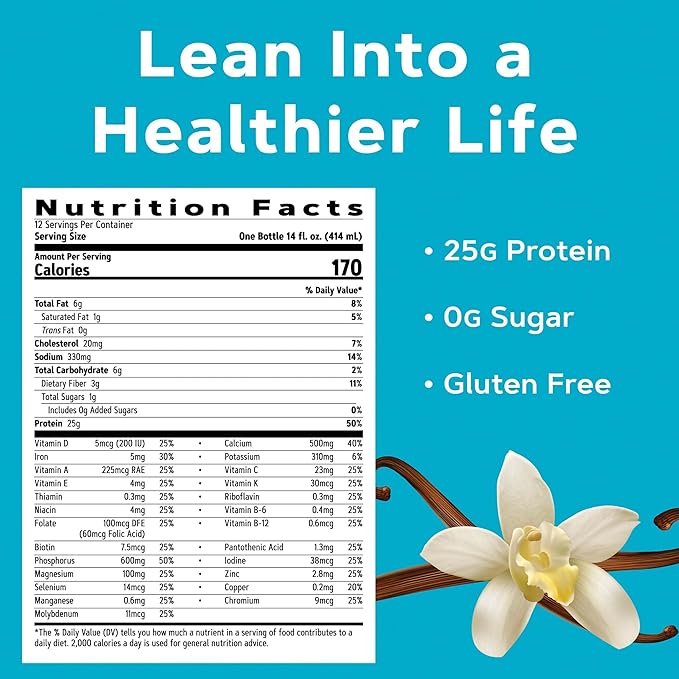 GNC Lean Shake 25 Protein Shake Clinically Proven Weight Management Meal Replacement 25g Protein with Zero Added Sugar Ready To Drink Vanilla Bean Pack of 12