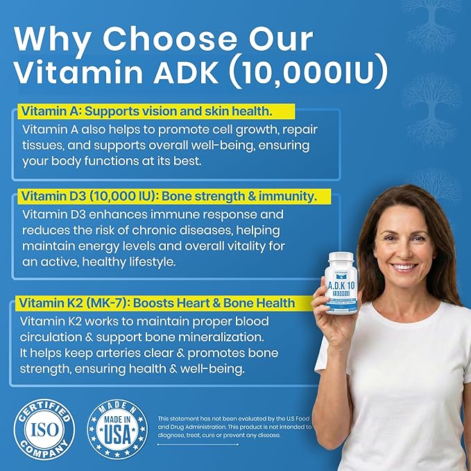 ADK 10 Supplement 10000 IU (90 CT) - Physician Formulated ADK Vitamins A D3 &amp K2 (as MK7) for Bone Health - Immune System Support - Gluten Free Soy Free Non-GMO