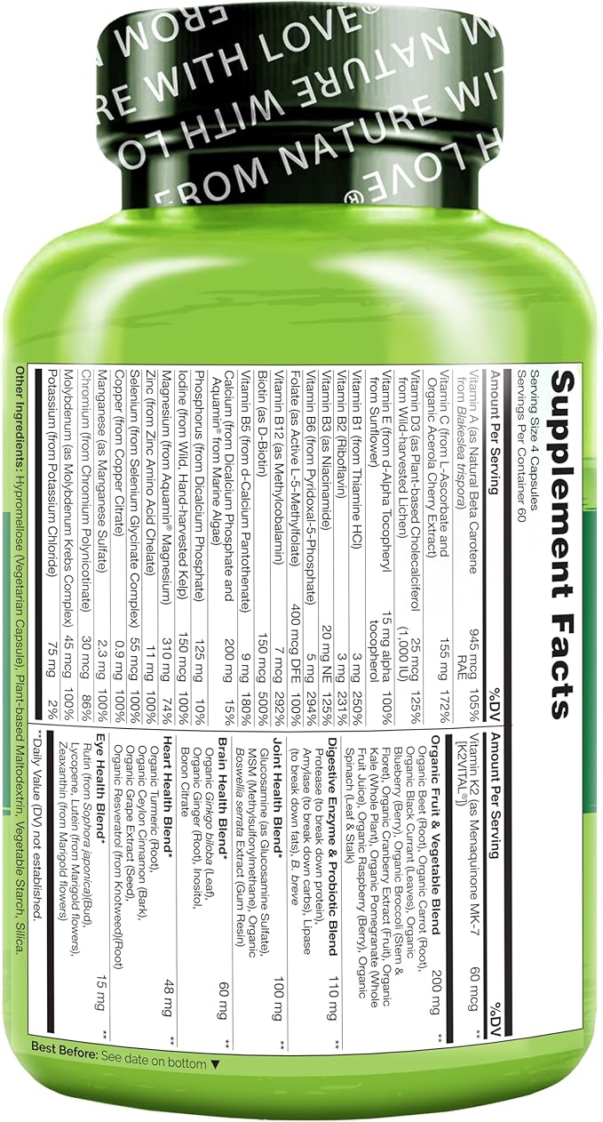 NATURELO Whole Food Multivitamin for Women 50+ (Iron Free) with Vitamins Minerals &amp Organic Extracts - Supplement for Post Menopausal Women Over 50 - No GMO - 240 Vegan Capsules