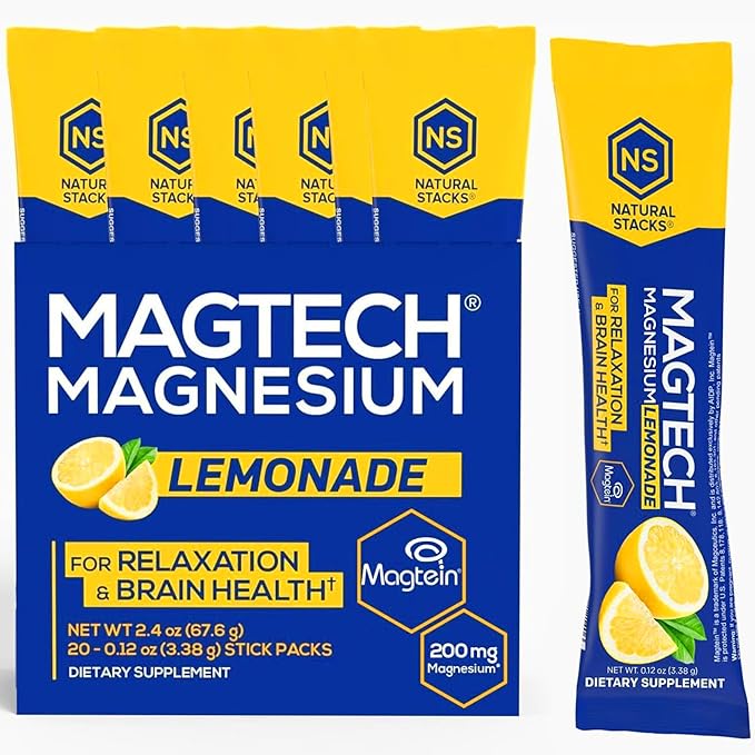 MagTech Magnesium Drink Mix - Sugar Free Lemonade - 3 Forms of Magnesium: Magtein L-Threonate Glycinate &amp Taurate - 200mg Chelated Magnesium Complex - Supports Relaxation &amp Brain Health - 20