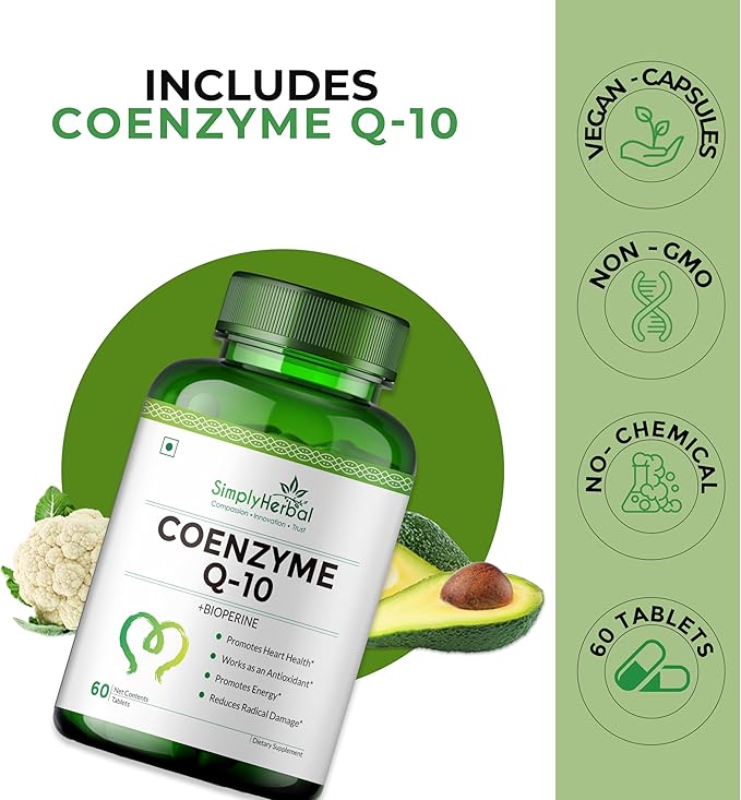 Simply Herbal CoQ10 Natural Coenzyme Q10 Tablets 200mg with Bioperine Antioxidant Supplements Designed for Enhanced Absorption Support for Heart Health and Energy Metabolism - 60 Tablets