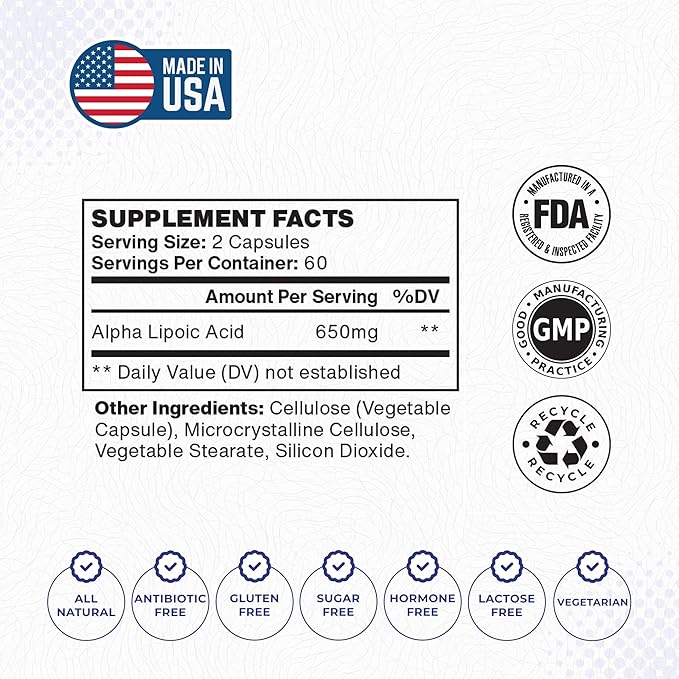 Foods For Gut Alpha Lipoic Acid | 650 mg Per Serving 120 Capsules | Vegetarian Capsules | Free of Top Allergens