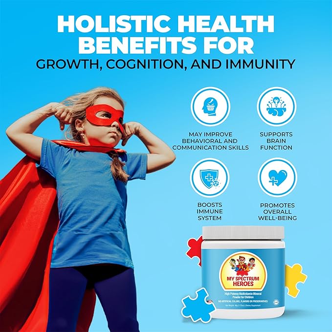 My Spectrum Heroes Kids Powder Multivitamin - Powder Supplement Better Absorption Non-GMO Non-Gluten No Artificial Ingredients - Neural Help for Children on The Spectrum - 30 Servings