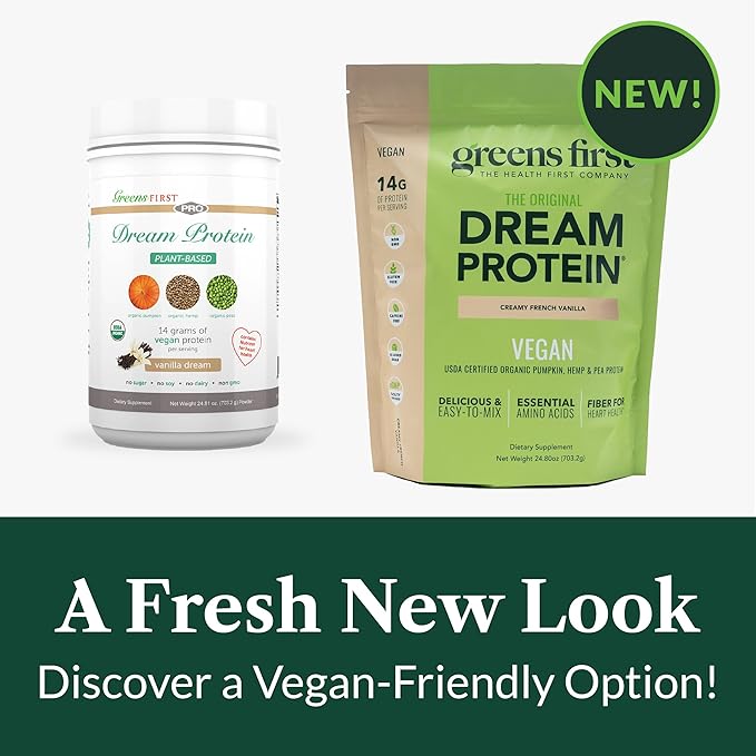 Greens First Dream Protein Plant-Based Vegan Powder - USDA Organic Pumpkin Hemp &amp Pea Protein - Gluten-Free Non-GMO No Added Sugar (Creamy French Vanilla 24.8 oz)