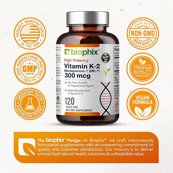 biophix Vitamin K2 MK-7 300mcg 120 Vegan Capsules – High-Potency Supplement for Bone Strength and Immune Health