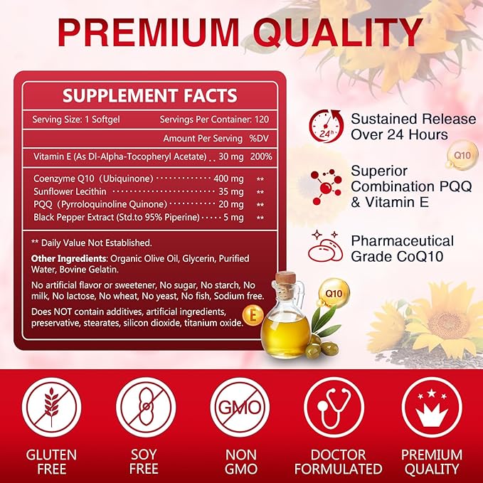 NATURE TARGET CoQ10-400mg Plus PQQ with Vitamin E &amp Organic Olive Oil - Coenzyme-Q10 with BioPerine - High Absorption Antioxidant-for-Heart-Health and Energy Production120 Servings