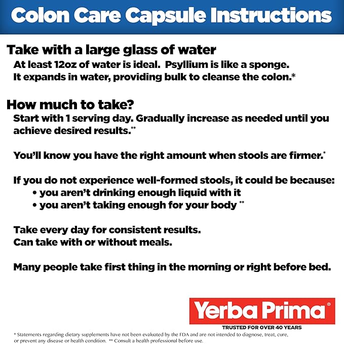Yerba Prima Prebiotic Colon Care Capsules 400 Caps - Five Forms of Fiber Plus FOS Pre-biotics - Dietary Health Supplement - Healthy Soluble &amp Insoluble Fibers for Regularity &amp Digestive Suppo