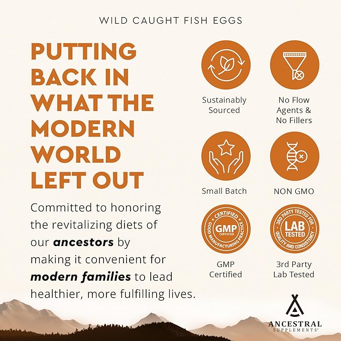 Ancestral Supplements Wild Caught Fish Eggs 2400mg Omega-3 Supplement Supports Brain Heart Fertility and Inflammatory Health Whole Food Source of Vitamin D K2 and A Non-GMO 180 Capsules