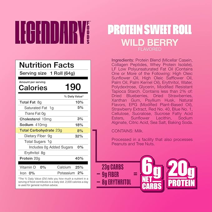 Legendary Foods Cinnamon Roll 22g Protein Bars – Gluten-Free Low Carb Meal Option – Sweet Zero Sugar Snack Keto-Friendly – 10-Pack High Protein Pre- or Post-Workout Nutrition Bars Wild Berry