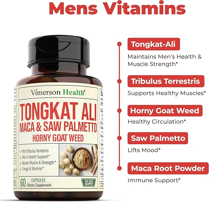 Vimerson Health Multivitamin for Men &amp Tongkat Ali for Men with Horny Goat Weed Maca Root Powder Tribulus Terrestris Saw Palmetto Extract