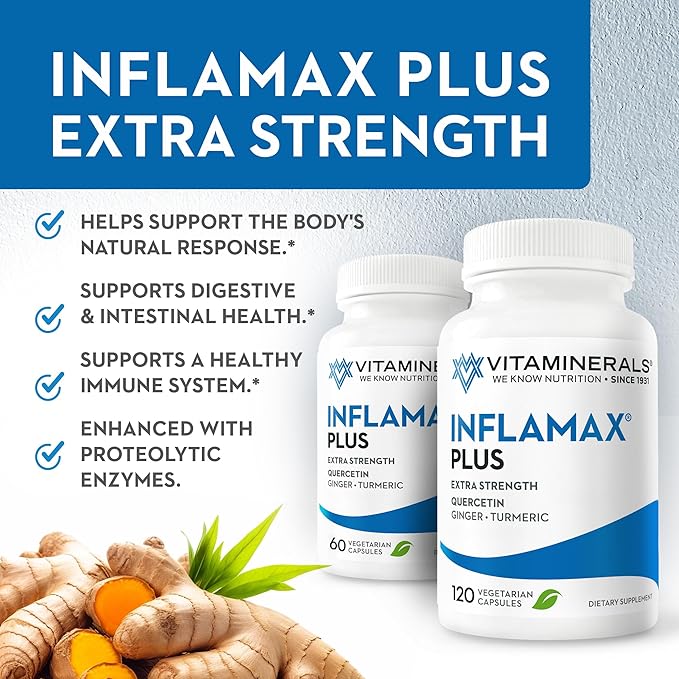 Vitaminerals® 121+ Inflamax® Plus | Discomfort Support Management | Quercetin | Proteolytic Enzymes | Ginger | Turmeric | Veggie caps (60)