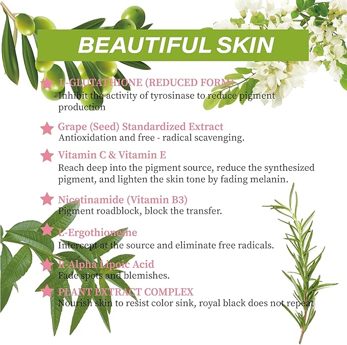 Whitening Capsules Contain glutathione 200mgGrape Seed Extract 300mgas Well as nicotinamide Ergothioneineand α-lipoic Acid60 Vegan Capsules Used for Skin whitening and Anti-Oxidation