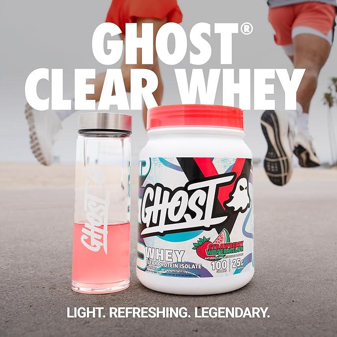 GHOST Clear Whey Isolate Protein Powder Strawberry Watermelon - 1.57 LB Tub 25G of Whey Protein - Post Workout Drink for Muscle Gain &amp Recovery – Sugar Free Soy Free &amp Zero Fat 20 Servings