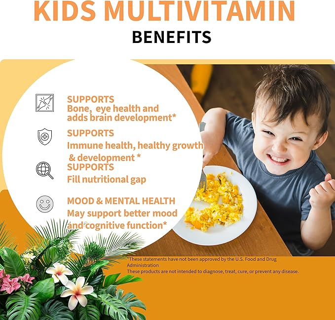 Kids Multivitamin Gummies with Iron &amp Probiotics – Vegan Gelatin-Free Halal Orange &amp Strawberry Flavors 90 Count