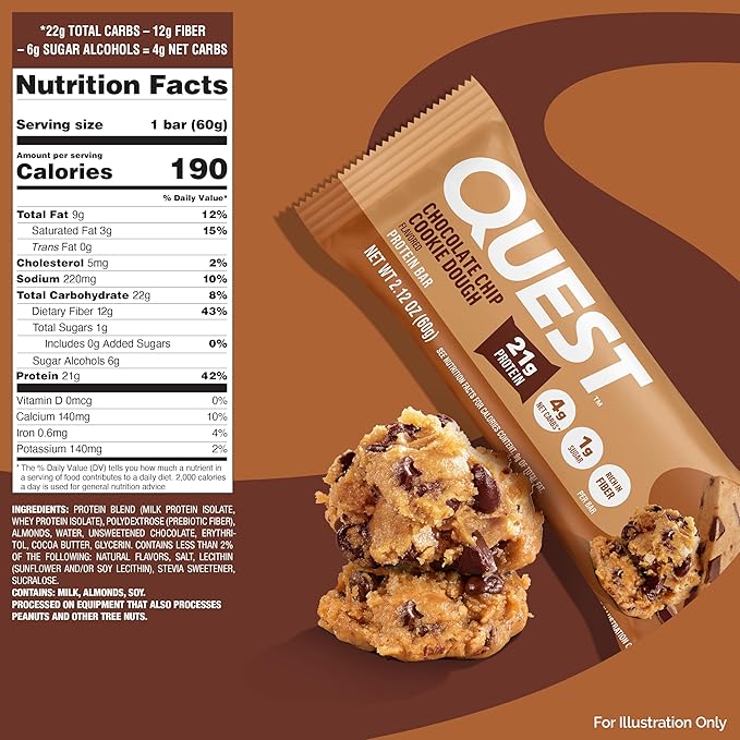 Quest Nutrition Chocolate Chip Cookie Dough Protein Bars High Protein Low Carb Gluten Free Keto Friendly 12 Count