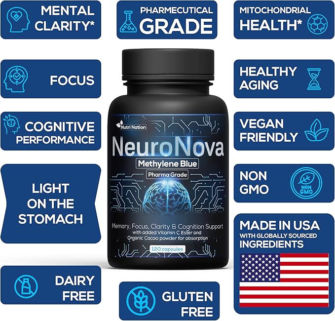 Methylene Blue Pharmaceutical Grade Capsules 2 Month Supply for Focus &amp Cognitive Support for Adults - Methylene Blue Supplements Third Party Tested and Made in USA (3)