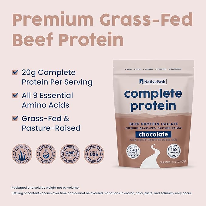 NativePath Complete Beef Protein Powder Isolate – Grass-Fed Pasture-Raised Dairy &amp Lactose Free Gluten Free Zero Sugar MCTs &amp Amino Acids – 20g Protein Chocolate Flavor 30 Servings