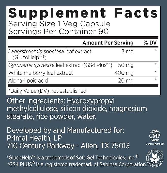 Primal Labs GlucoBurn Support Supplement with White Mulberry Leaf Extract and Alpha Lipoic Acid 90 Veg capsules