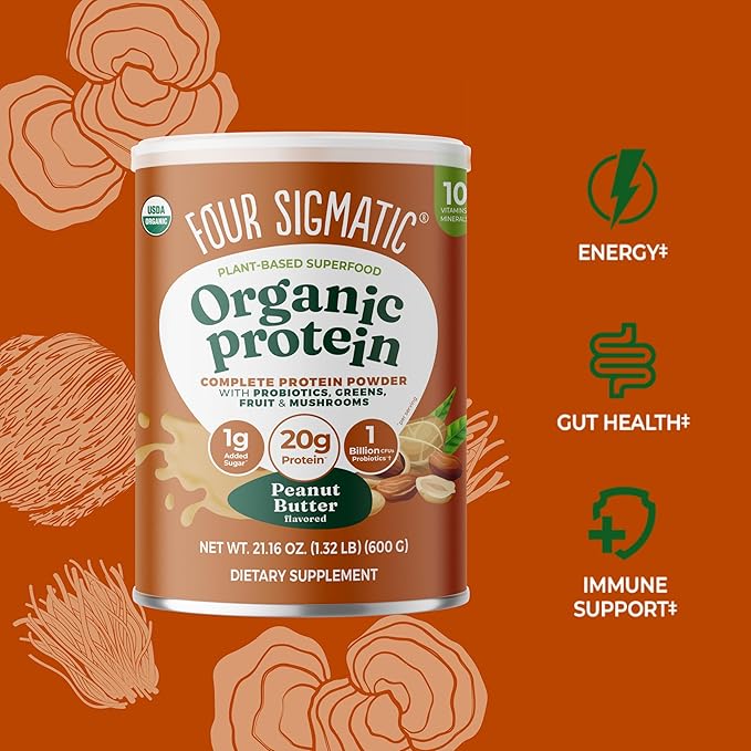 Four Sigmatic Organic Plant-Based Protein Powder | Clean Vegan Protein Elevated with Lion’s Mane Chaga Cordyceps and More for Brain Function and Immune Support | Peanut Butter 21.16 oz