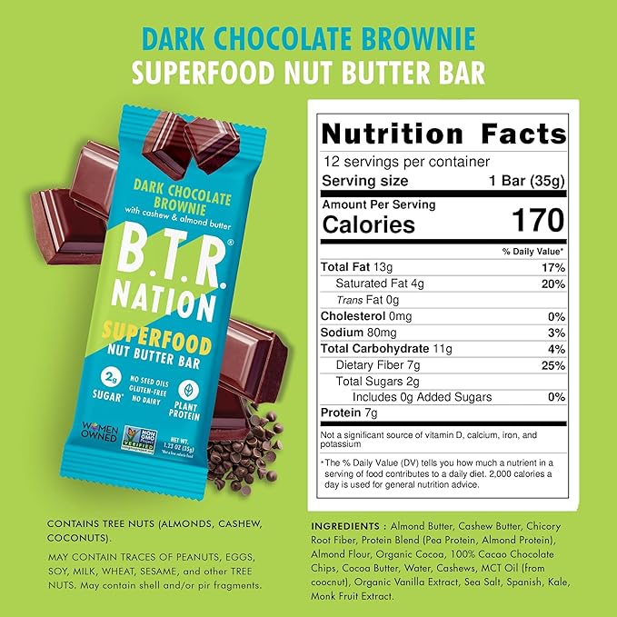 B.T.R Nation Keto Protein Bars Plant Based Vegan - Dark Chocolate Superfood Bar | 12 Bars | Low Carb and Gluten Free Free of Sugar Alcohols and Boosted with Powerful Superfoods