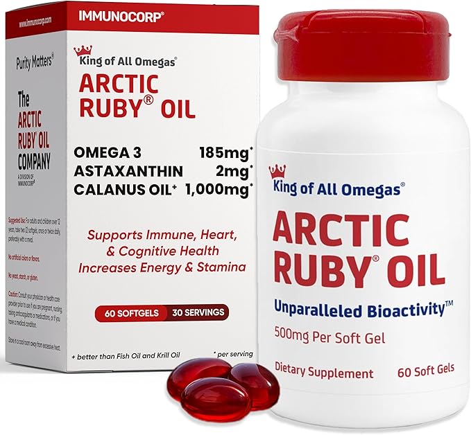Arctic Ruby Oil 1000mg – Omega 3 Supplement for Women and Men with EPA DHA &amp Astaxanthin 2mg - Fish &amp Krill Oil Alternative – 60 Softgels (1 Pack)