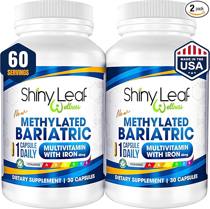 Shiny Leaf Methylated Bariatric Multivitamin with Iron 45mg – Once Daily Capsule USA Made ASMBS Compliant Bariatric Vitamins for Gastric Bypass &amp Gastric Sleeve for Men &amp Women GMP – 60 Ca