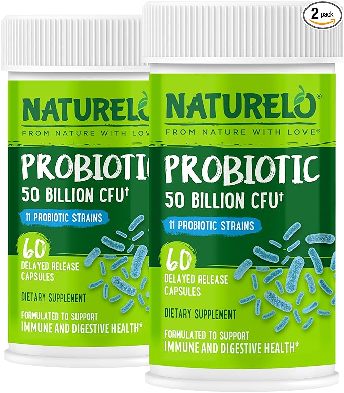 NATURELO Probiotics for Digestive Health - 50 Billion CFU 11 Strains Daily Use Supplement - Boosts Immune System Delayed Release No-Fridge 60 Vegetarian Capsules (Pack of 2)